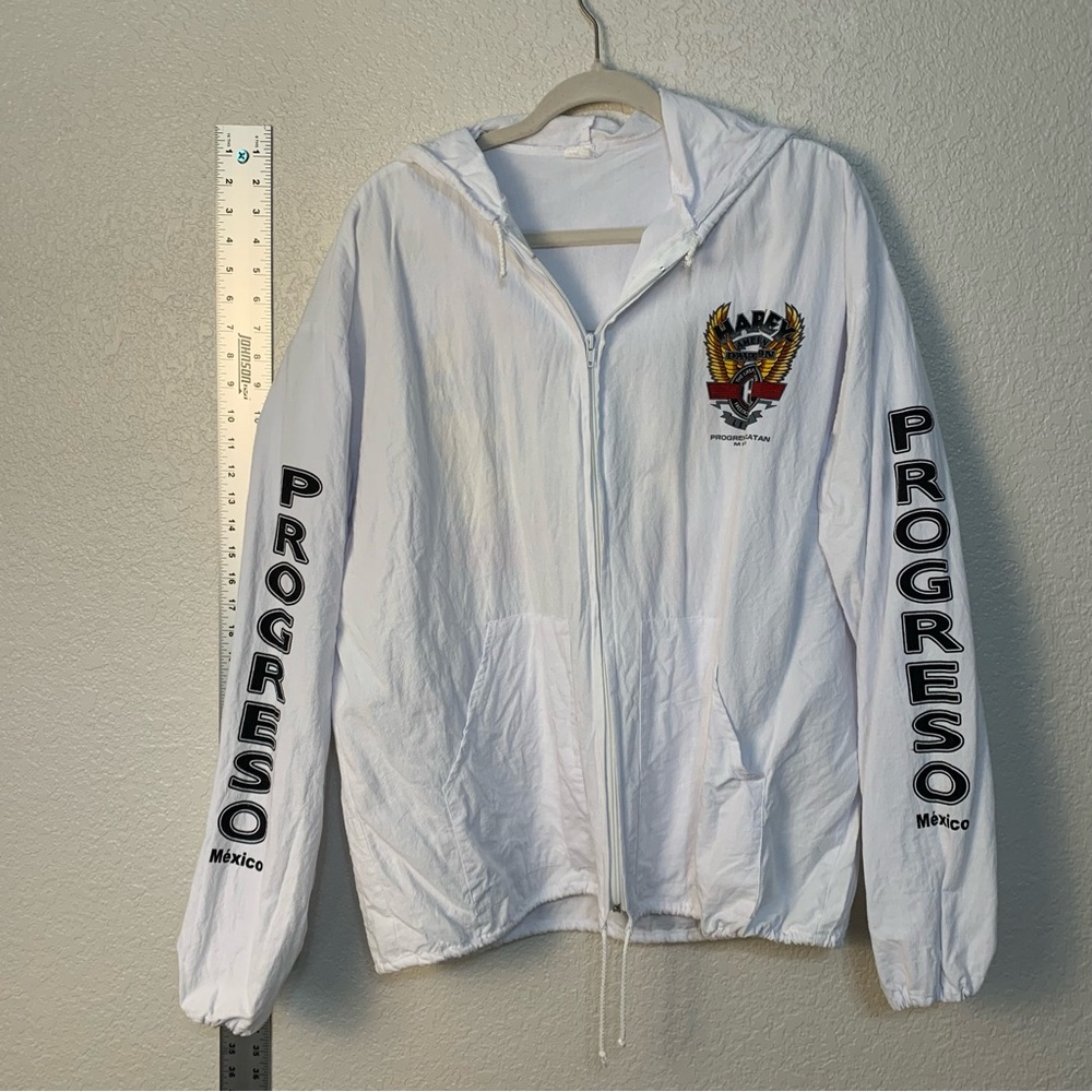 White all cotton Hooded lightweight Jacket with Harley Davison Progreso Mexico.